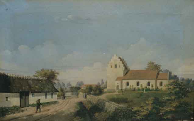 Maleri af Jordløse Kirke og præstegård.